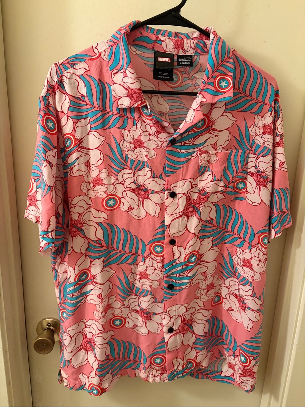 Marvel Pink Tropical Floral Button-Down Shirt with Blue Accents